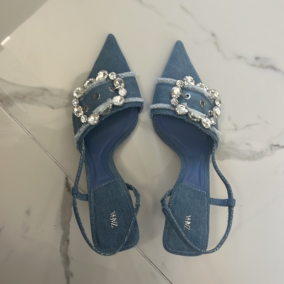 Zara Blue Denim Women's Heels with Crystal Embellishments - Picture 5 of 7